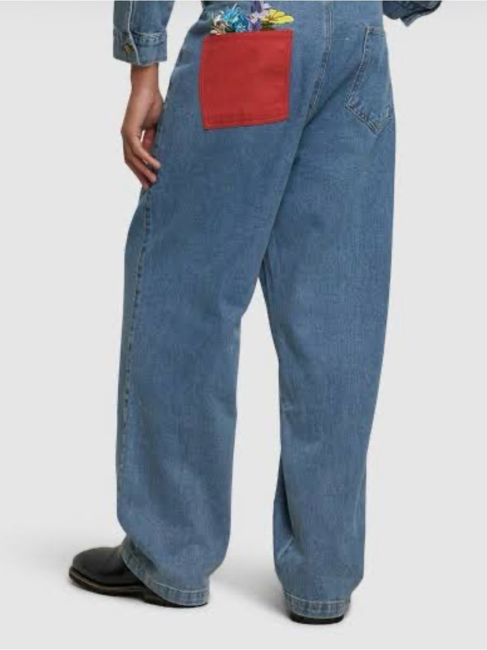 Relaxed Blue Denim Pants with Red Back Pocket Accent